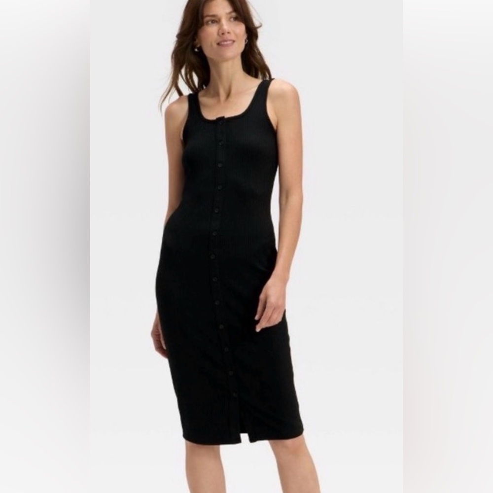 a new day Black Ribbed Button-Front Midi Dress